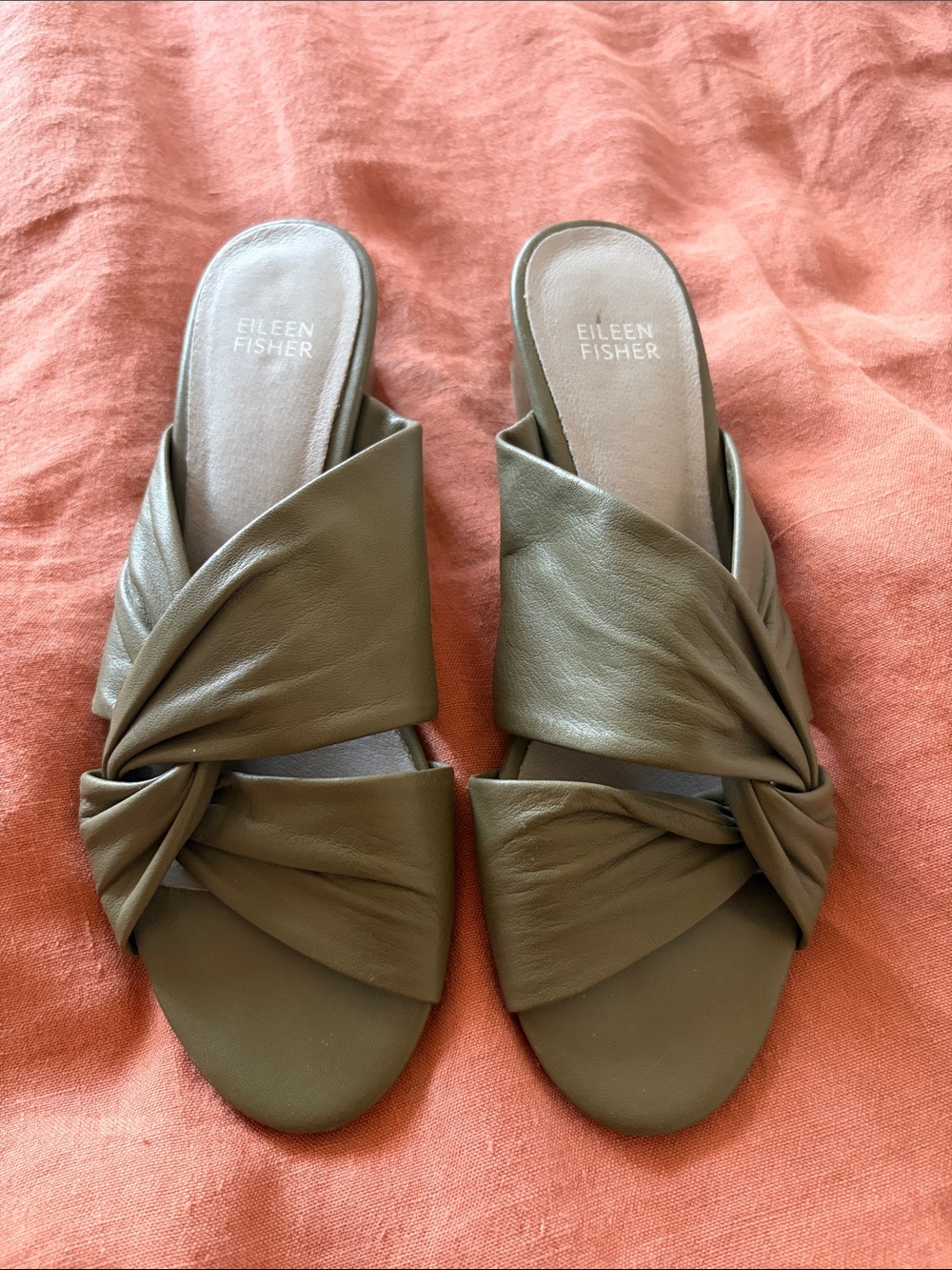 Eileen Fisher Olive Green Leather Twist Knot Mules